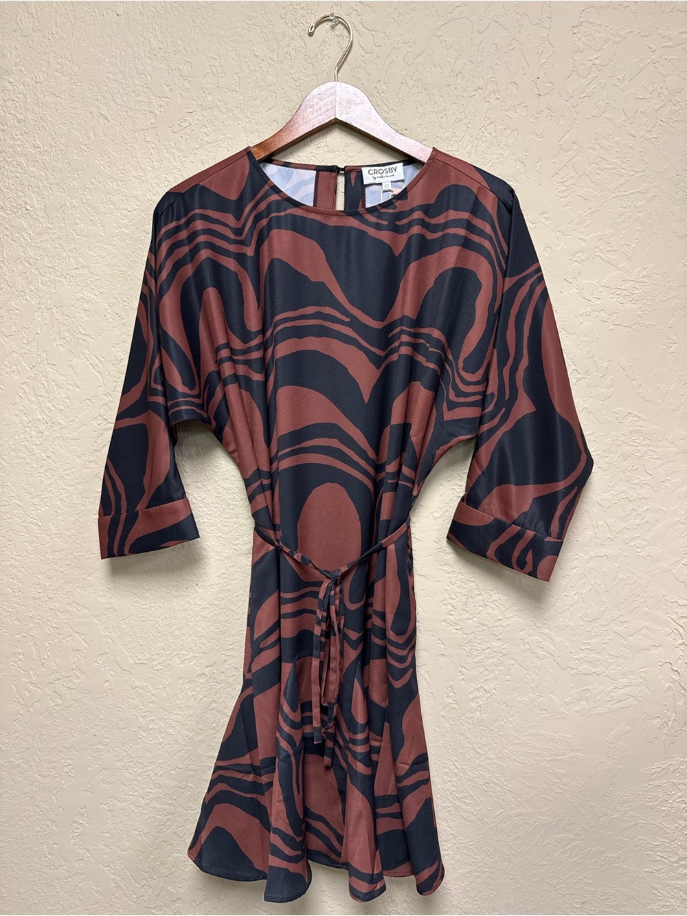 Abstract Wave Print Black & Rust Brown Fit-and-Flare Dress
